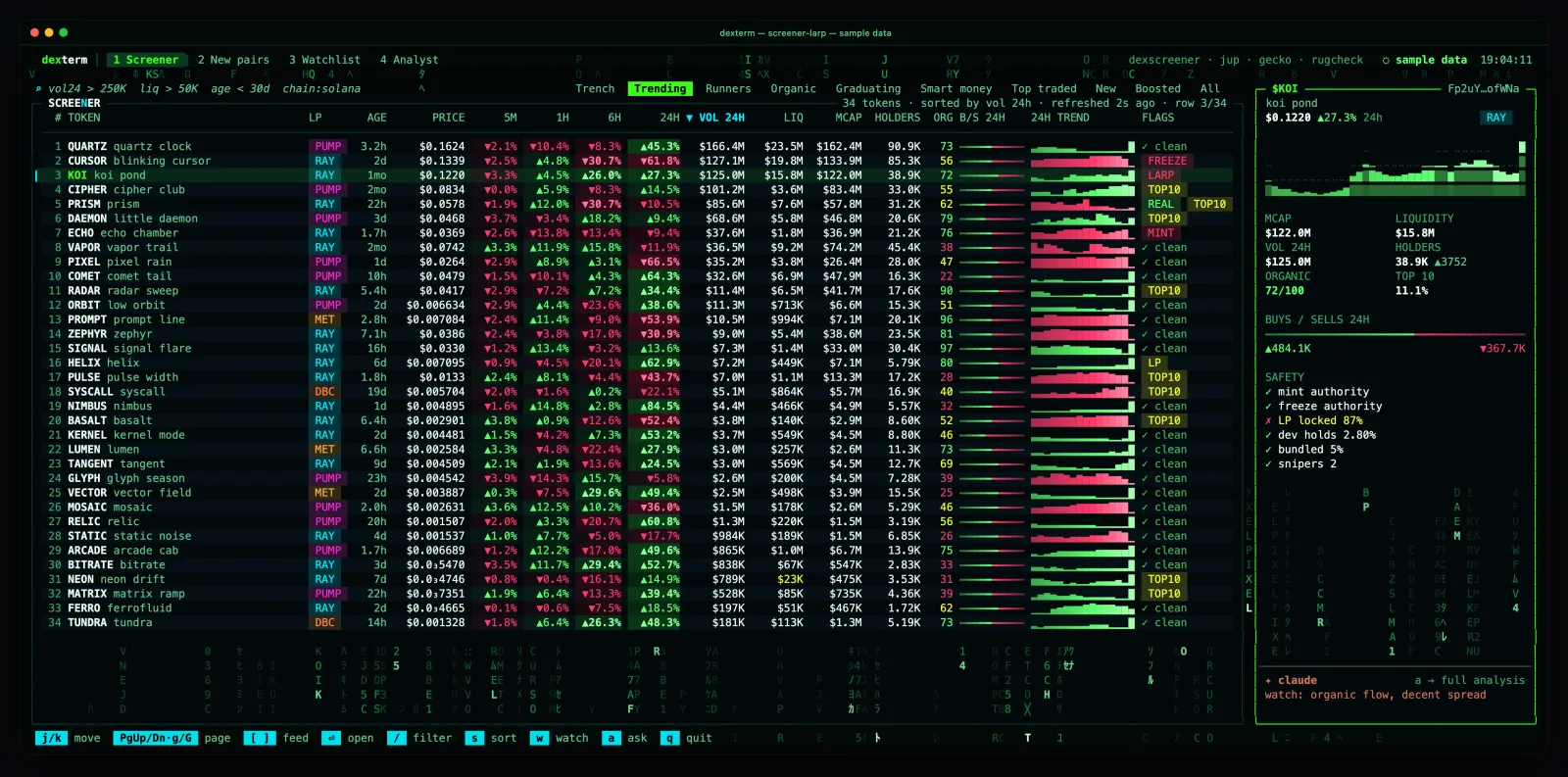 the dexterm screener on sample data with a red LARP badge and a green REAL badge in the flags column of two vetted sample rows